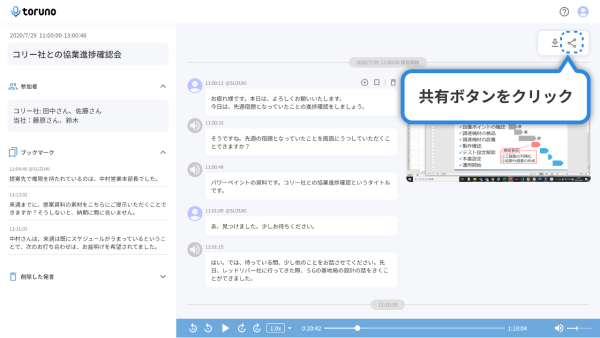 会議共有の手順 1/2 - 会議共有ボタンのクリック